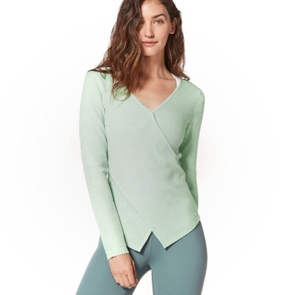 Lululemon Wrap It Back Sweater Sz 8 Sea Breeze Green Ribbed Knit Athleisure - Picture 1 of 11